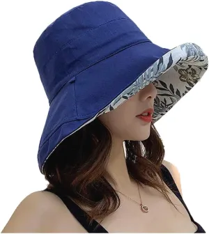 Women's Linen Cotton UPF 50  Sun Hat Reversible Bucket Hat with Wide Fold-Up Brim and Chin Strap