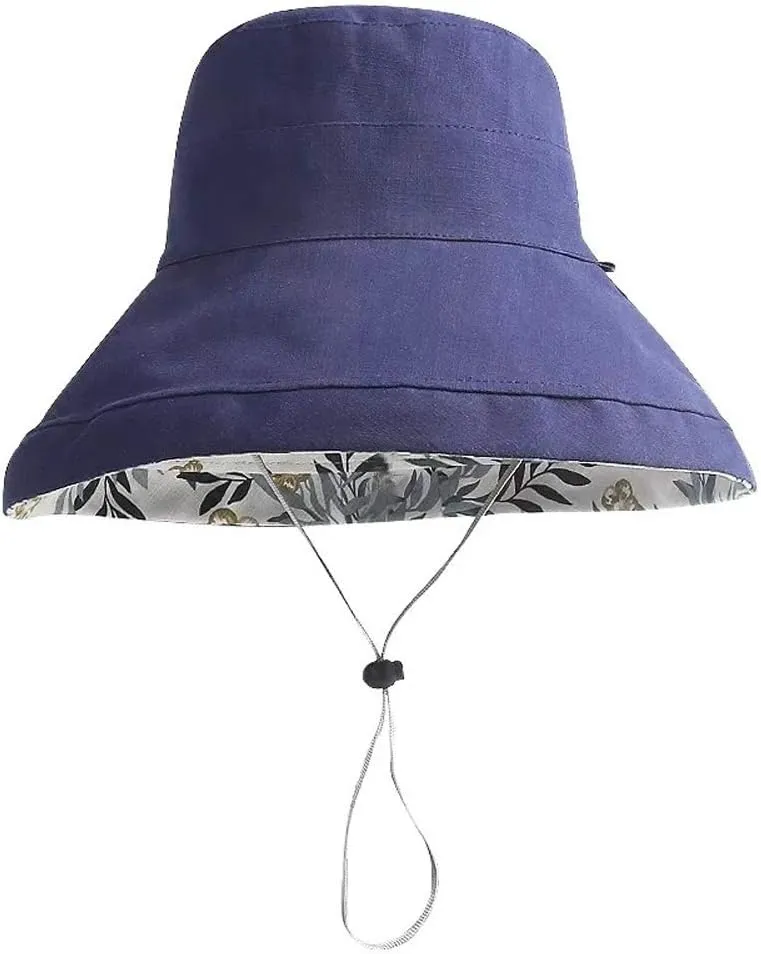 Women's Linen Cotton UPF 50  Sun Hat Reversible Bucket Hat with Wide Fold-Up Brim and Chin Strap