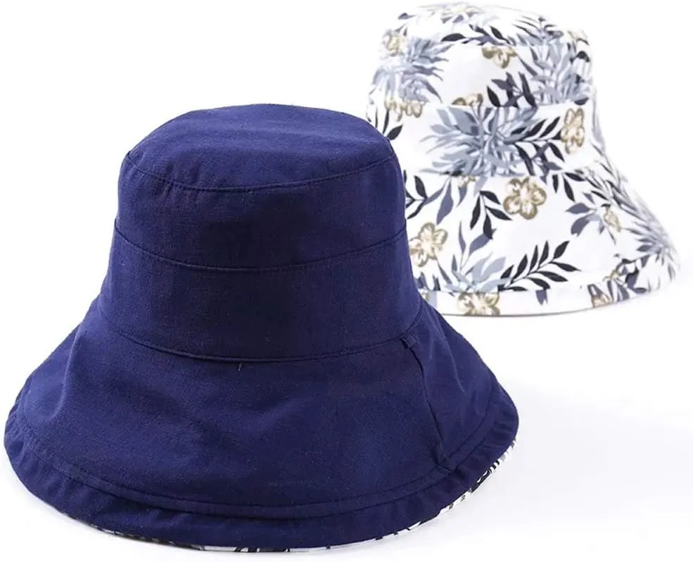 Women's Linen Cotton UPF 50  Sun Hat Reversible Bucket Hat with Wide Fold-Up Brim and Chin Strap