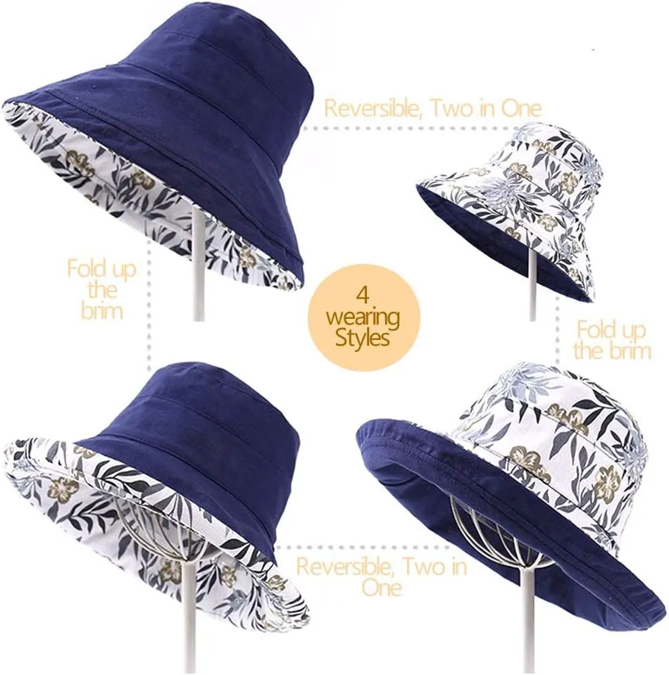 Women's Linen Cotton UPF 50  Sun Hat Reversible Bucket Hat with Wide Fold-Up Brim and Chin Strap