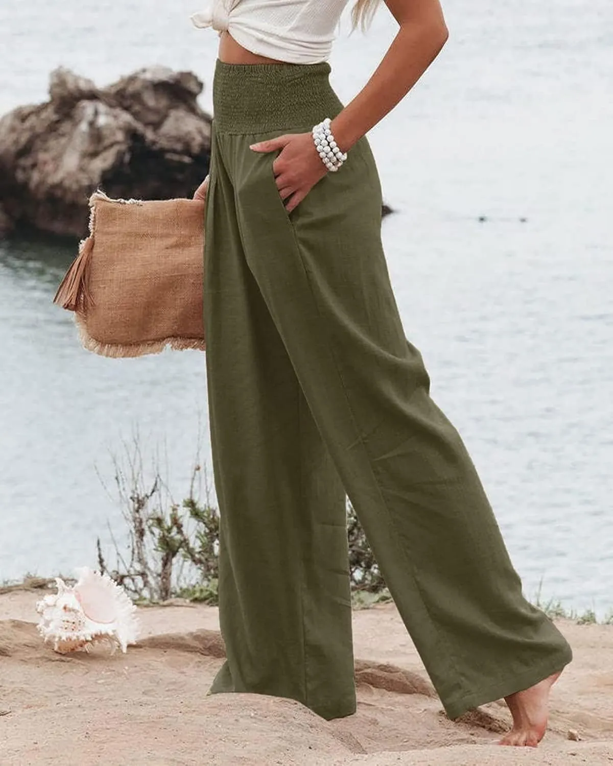 Womens Linen Palazzo Pants Casual Wide Leg High Waist Pant 2025 Summer Flowy Boho Beach Travel Vacation Outfits