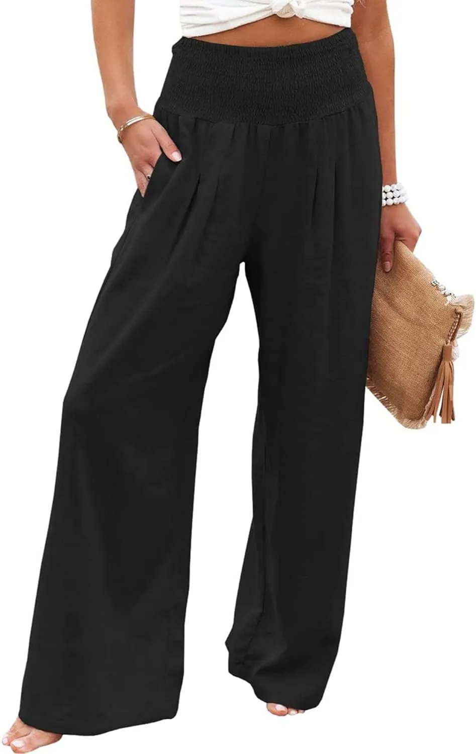 Womens Linen Palazzo Pants Casual Wide Leg High Waist Pant 2025 Summer Flowy Boho Beach Travel Vacation Outfits