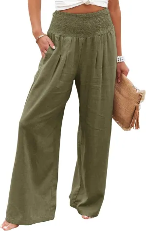 Womens Linen Palazzo Pants Casual Wide Leg High Waist Pant 2025 Summer Flowy Boho Beach Travel Vacation Outfits