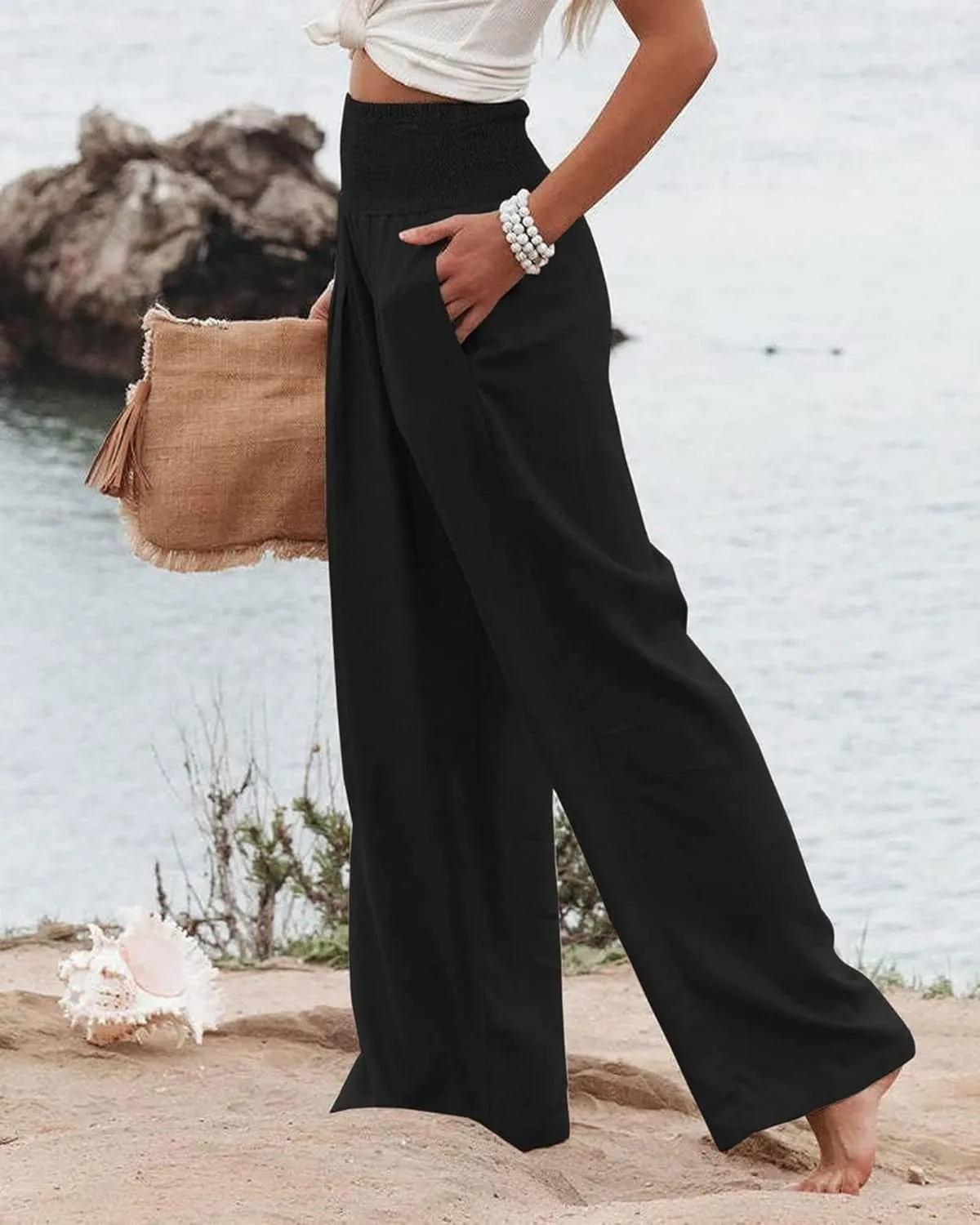 Womens Linen Palazzo Pants Casual Wide Leg High Waist Pant 2025 Summer Flowy Boho Beach Travel Vacation Outfits