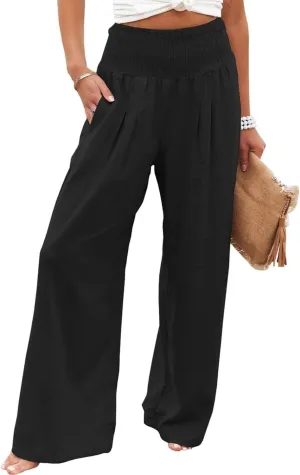 Womens Linen Palazzo Pants Casual Wide Leg High Waist Pant 2025 Summer Flowy Boho Beach Travel Vacation Outfits