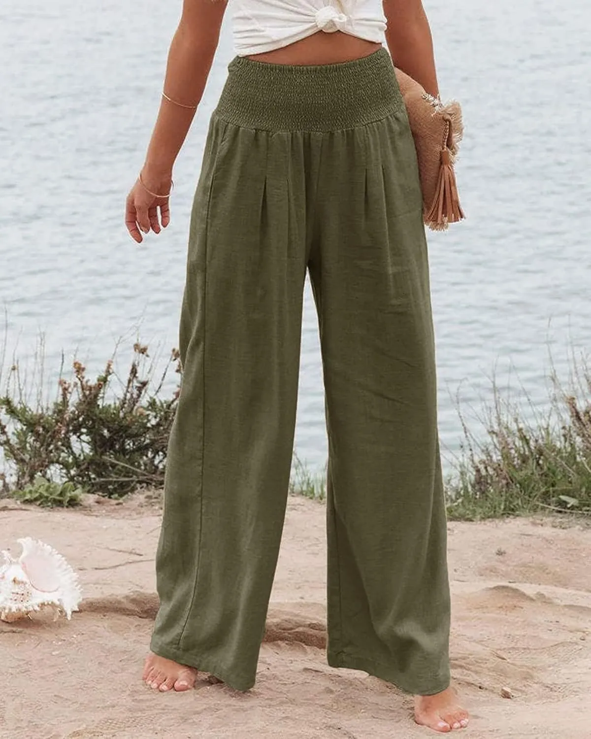 Womens Linen Palazzo Pants Casual Wide Leg High Waist Pant 2025 Summer Flowy Boho Beach Travel Vacation Outfits