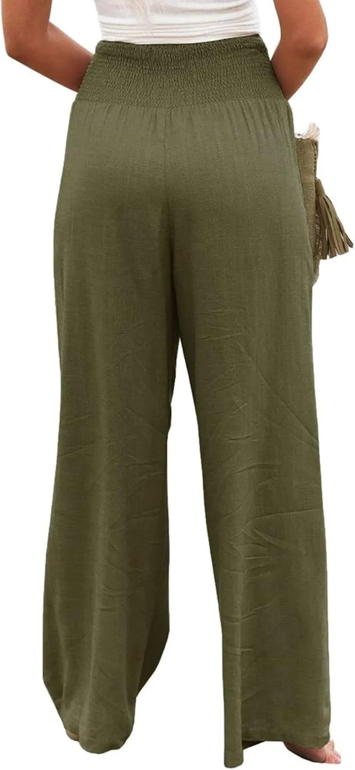 Womens Linen Palazzo Pants Casual Wide Leg High Waist Pant 2025 Summer Flowy Boho Beach Travel Vacation Outfits