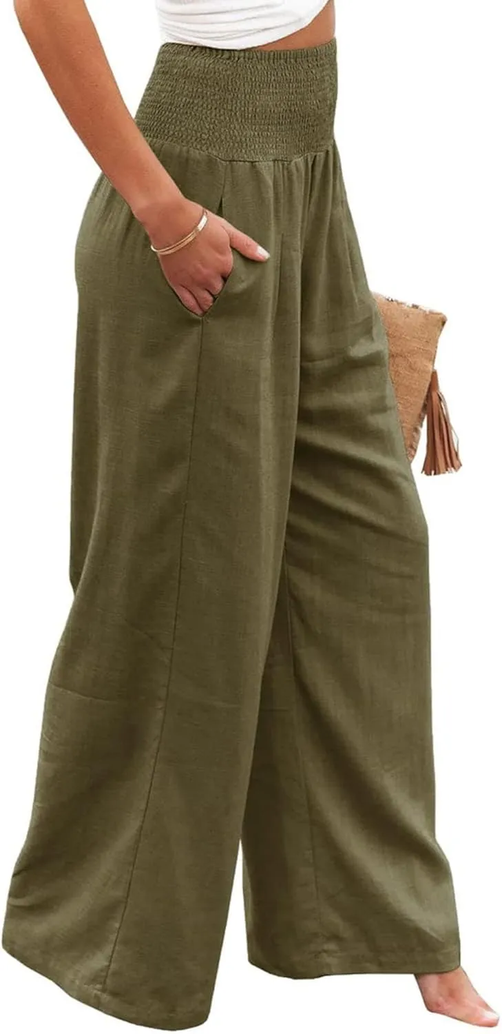 Womens Linen Palazzo Pants Casual Wide Leg High Waist Pant 2025 Summer Flowy Boho Beach Travel Vacation Outfits