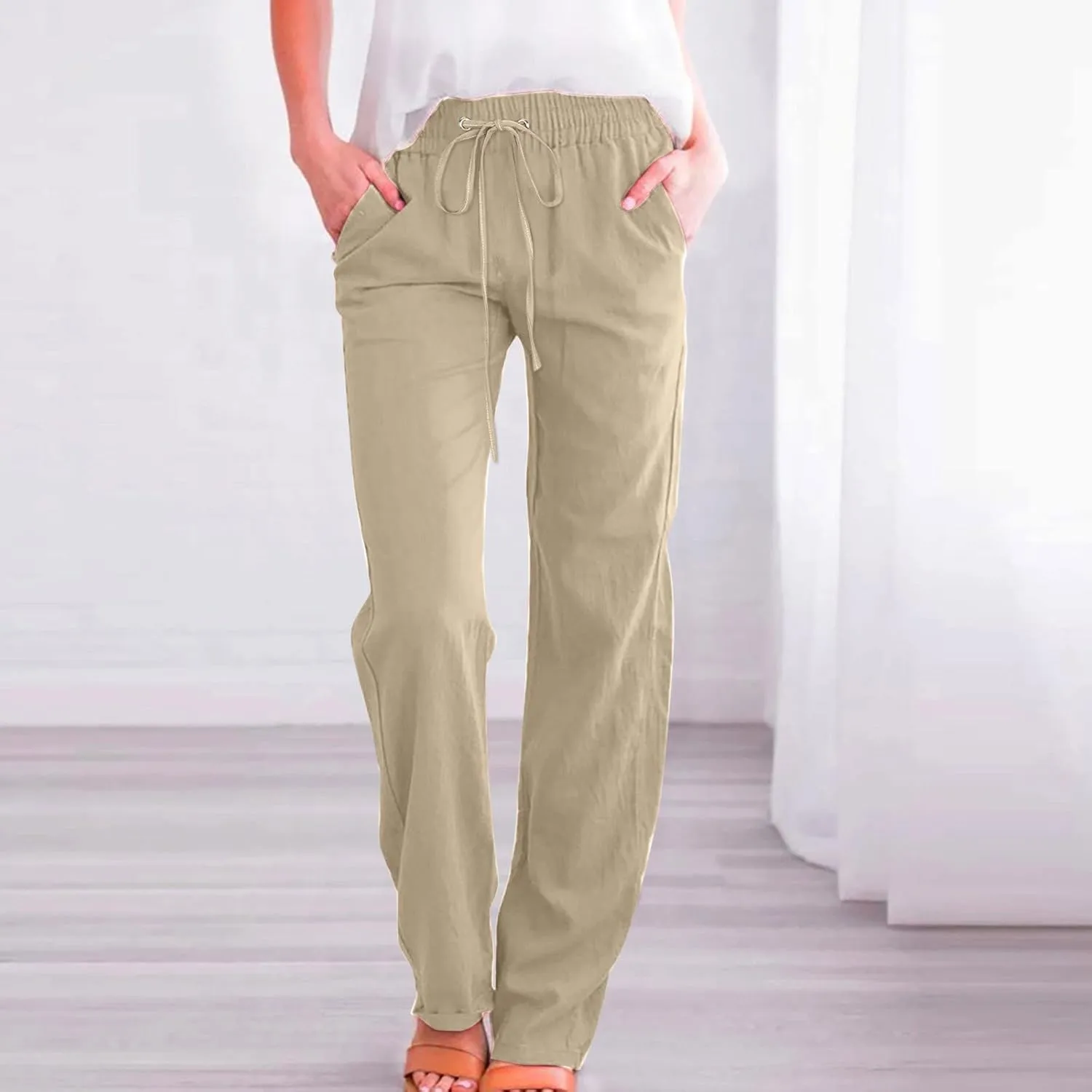 Womens Linen Pants 2025 Summer Casual Drawstring Elastic Waist Cotton Pants Petite Straight Leg Lounge Long Trousers