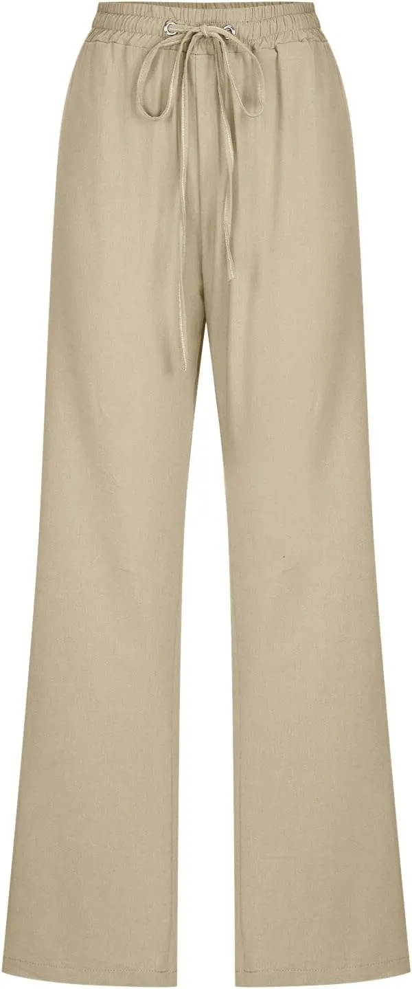 Womens Linen Pants 2025 Summer Casual Drawstring Elastic Waist Cotton Pants Petite Straight Leg Lounge Long Trousers