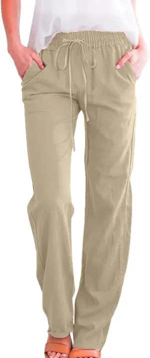 Womens Linen Pants 2025 Summer Casual Drawstring Elastic Waist Cotton Pants Petite Straight Leg Lounge Long Trousers