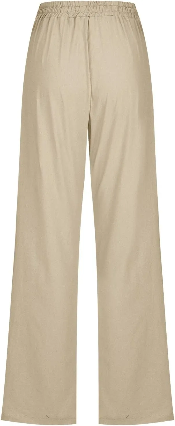 Womens Linen Pants 2025 Summer Casual Drawstring Elastic Waist Cotton Pants Petite Straight Leg Lounge Long Trousers