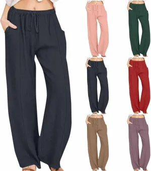 Womens Linen Pants Dressy Lightweight Drawstring High Waisted Pants Casual Lounge Pants Trousers with Pockets