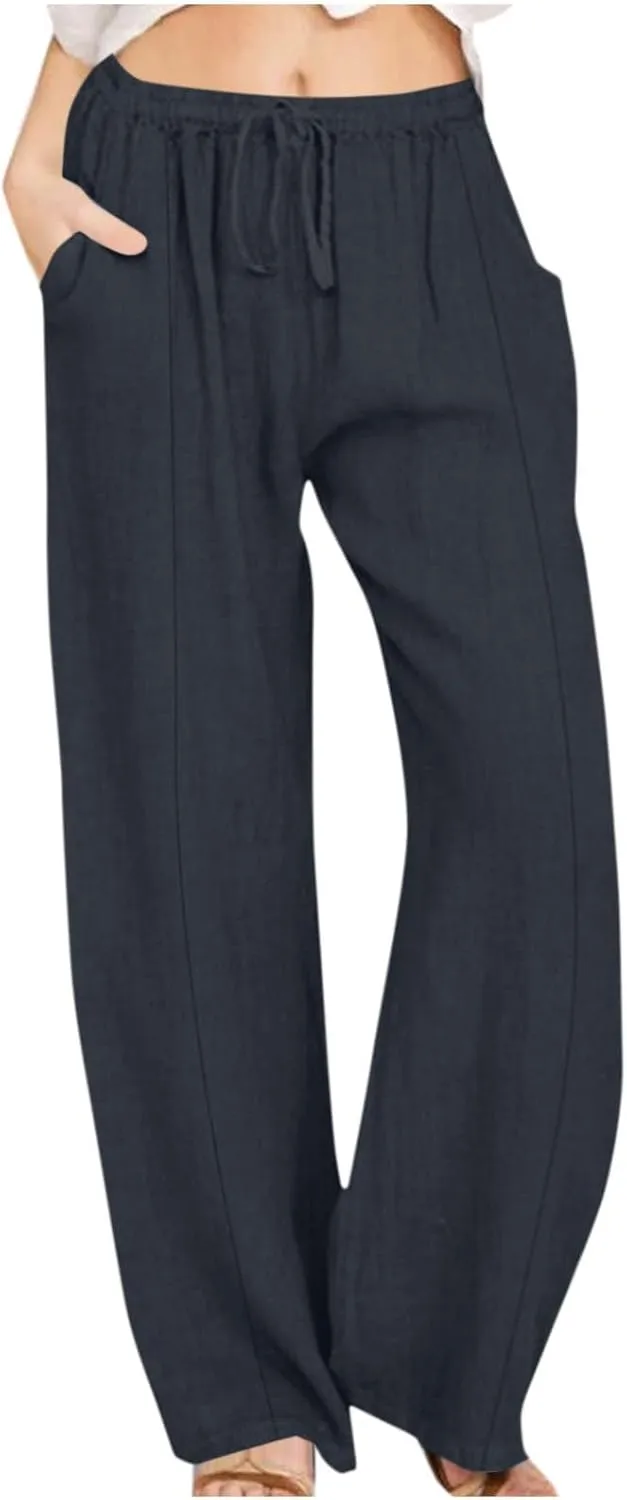 Womens Linen Pants Dressy Lightweight Drawstring High Waisted Pants Casual Lounge Pants Trousers with Pockets