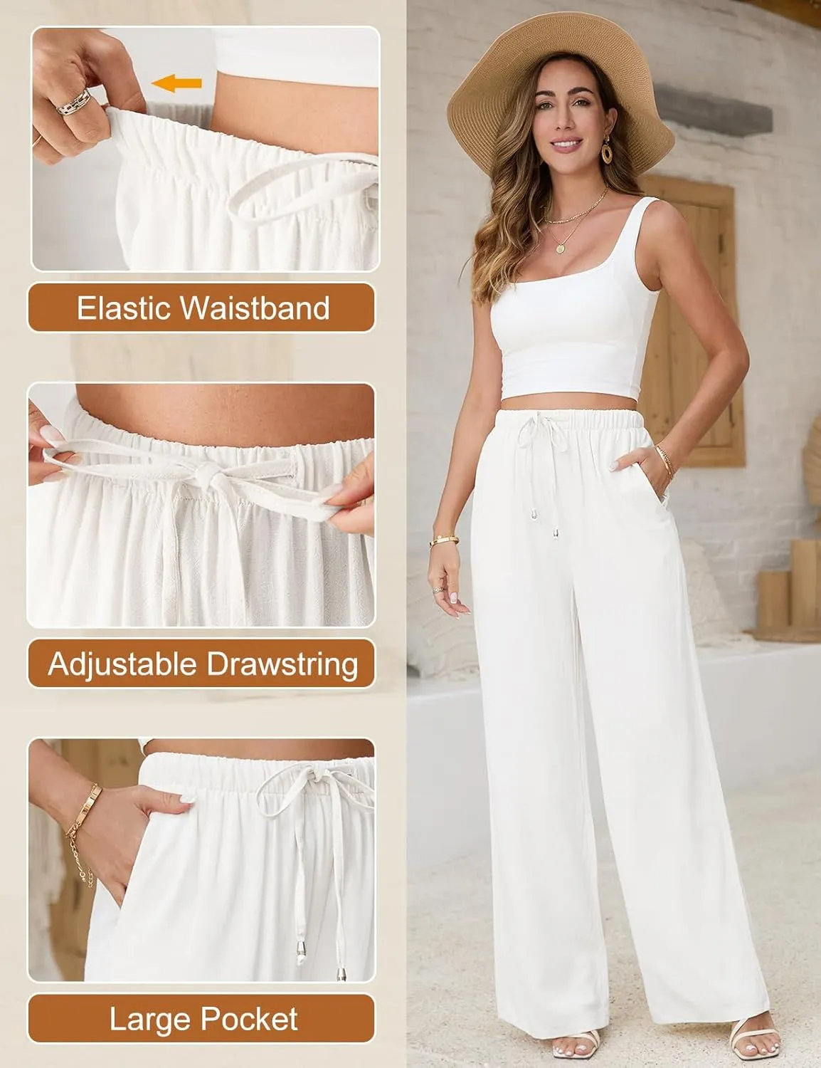 Womens Linen Pants High Waisted Wide Leg Trousers Summer Palazzo Casual Pant Flowy Drawstring Beach Pants