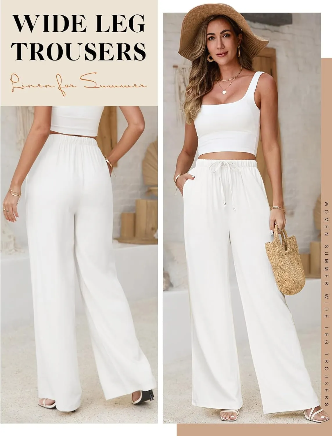 Womens Linen Pants High Waisted Wide Leg Trousers Summer Palazzo Casual Pant Flowy Drawstring Beach Pants