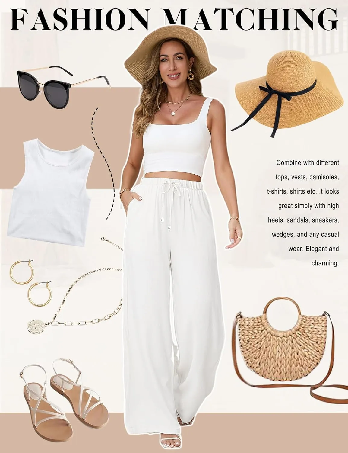 Womens Linen Pants High Waisted Wide Leg Trousers Summer Palazzo Casual Pant Flowy Drawstring Beach Pants