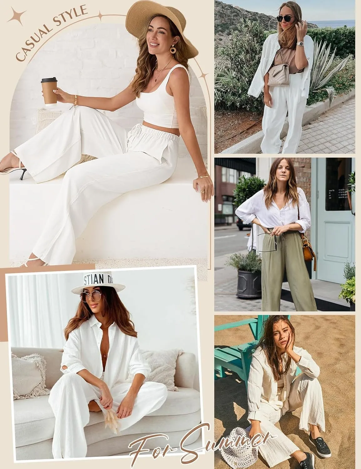 Womens Linen Pants High Waisted Wide Leg Trousers Summer Palazzo Casual Pant Flowy Drawstring Beach Pants