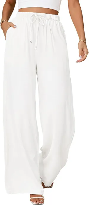 Womens Linen Pants High Waisted Wide Leg Trousers Summer Palazzo Casual Pant Flowy Drawstring Beach Pants