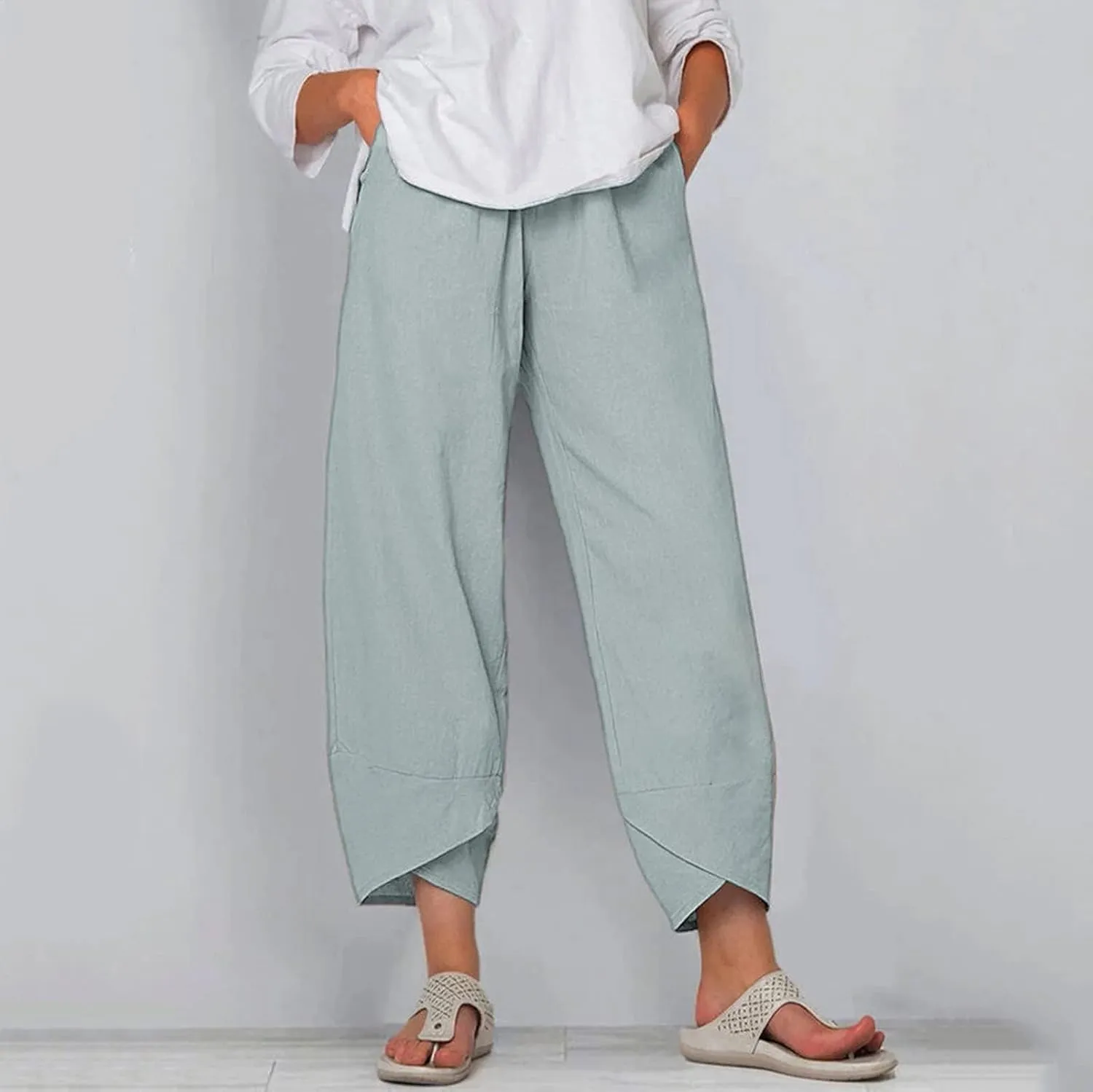 Womens Linen Pants Summer Casual Capri Pants with Pockets Palazzo Cropped Comfy Baggy Trousers High Waisted
