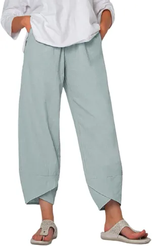 Womens Linen Pants Summer Casual Capri Pants with Pockets Palazzo Cropped Comfy Baggy Trousers High Waisted