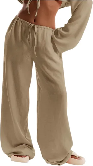 Womens Linen Pants Wide Leg Loose Cotton Swimsuit Coverups Summer Pants Beach Vacation Outfits Pure Apricot XXL