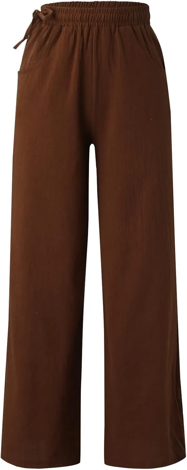 Women's Linen Summer Palazzo Pants Flowy Wide Leg Beach Pants with Pockets Loose Fit Beach Vacation Outfits Trousers