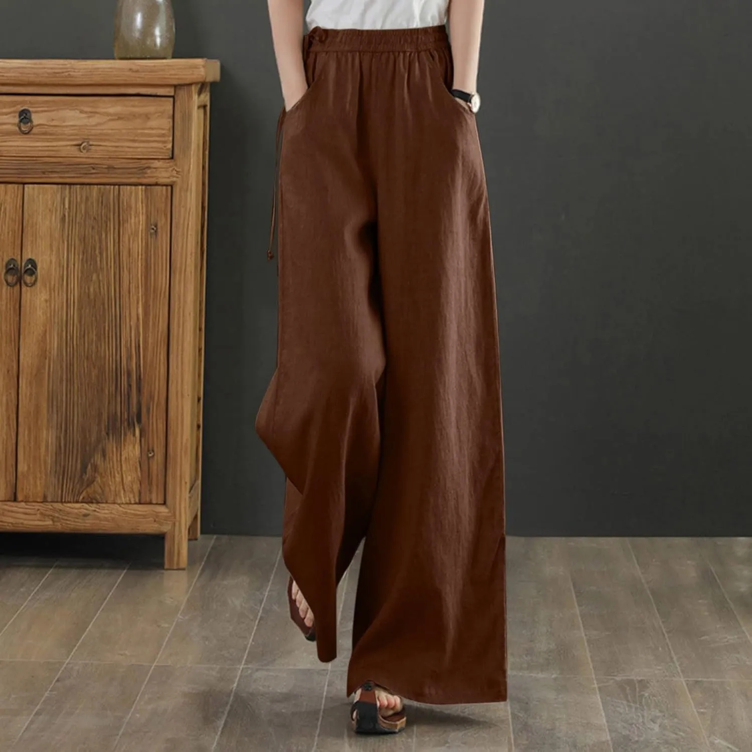 Women's Linen Summer Palazzo Pants Flowy Wide Leg Beach Pants with Pockets Loose Fit Beach Vacation Outfits Trousers