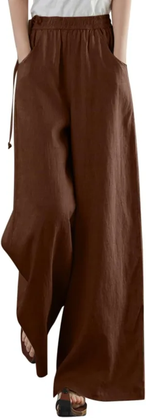 Women's Linen Summer Palazzo Pants Flowy Wide Leg Beach Pants with Pockets Loose Fit Beach Vacation Outfits Trousers