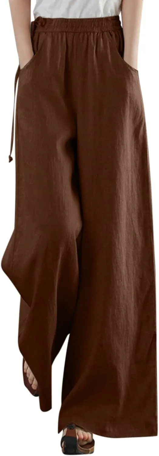 Women's Linen Summer Palazzo Pants Flowy Wide Leg Beach Pants with Pockets Loose Fit Beach Vacation Outfits Trousers
