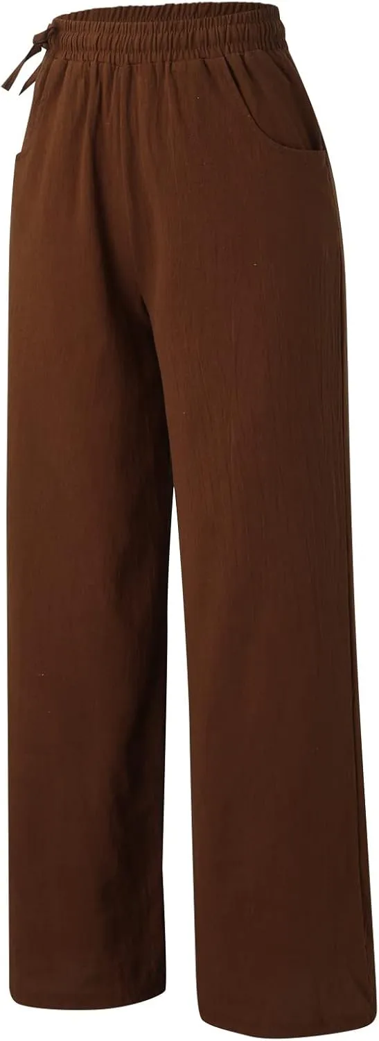 Women's Linen Summer Palazzo Pants Flowy Wide Leg Beach Pants with Pockets Loose Fit Beach Vacation Outfits Trousers