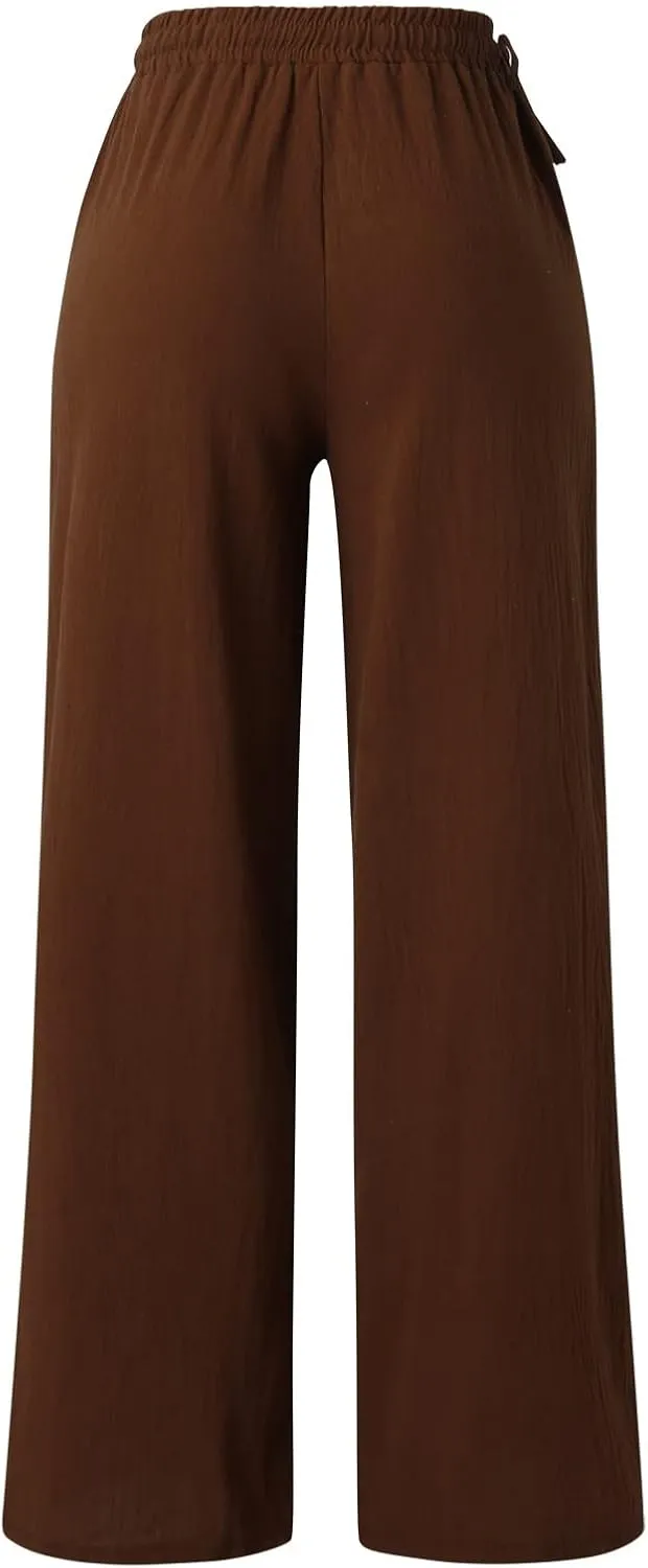 Women's Linen Summer Palazzo Pants Flowy Wide Leg Beach Pants with Pockets Loose Fit Beach Vacation Outfits Trousers