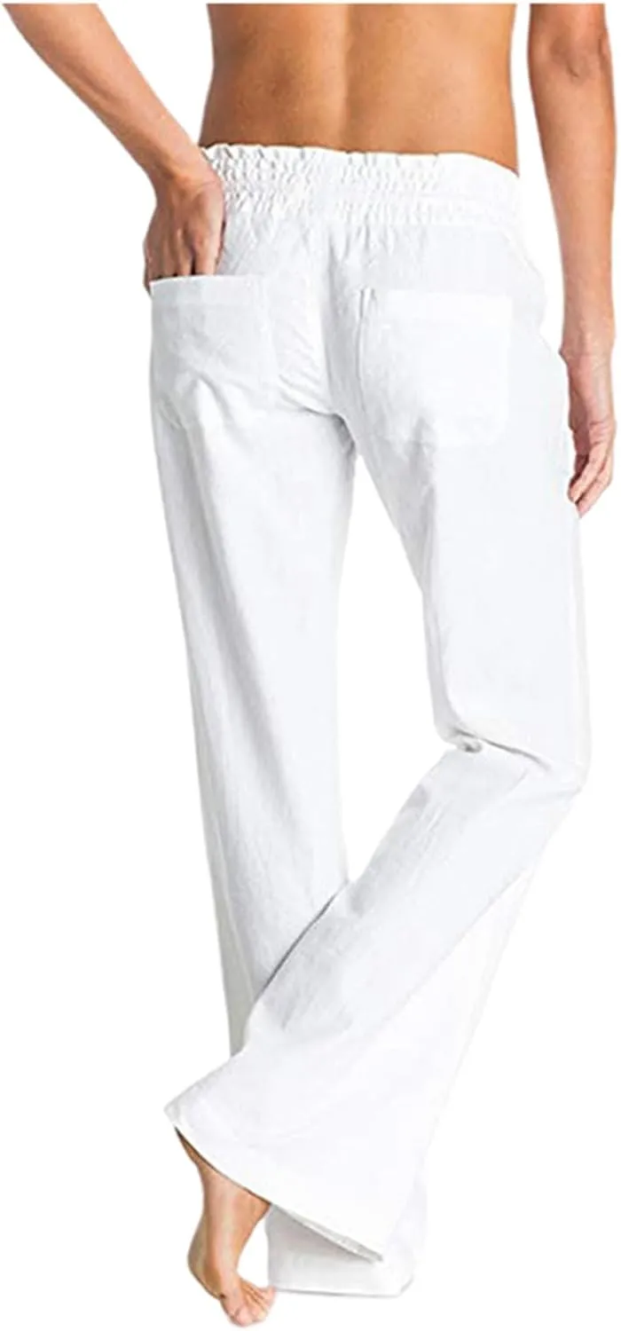 Womens Linen Wide Leg Pants Essentials Womens Linen Business Casual Work Pants with Pockets Pull On Regular Slacks