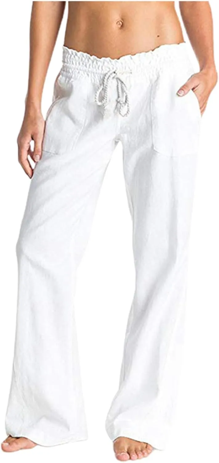 Womens Linen Wide Leg Pants Essentials Womens Linen Business Casual Work Pants with Pockets Pull On Regular Slacks