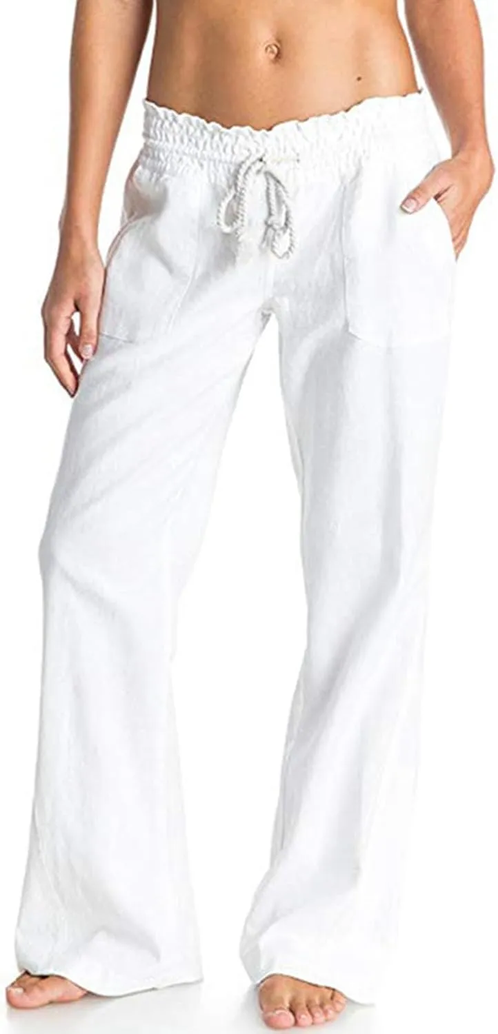 Womens Linen Wide Leg Pants Essentials Womens Linen Business Casual Work Pants with Pockets Pull On Regular Slacks