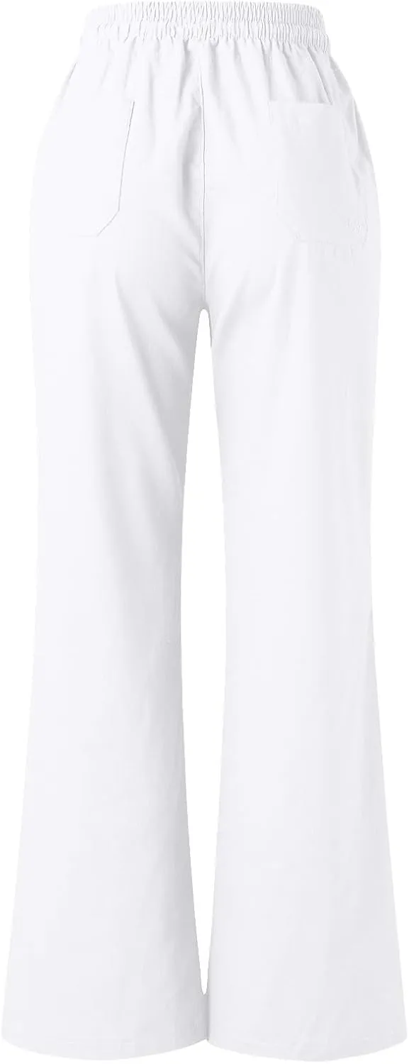 Womens Linen Wide Leg Pants Essentials Womens Linen Business Casual Work Pants with Pockets Pull On Regular Slacks