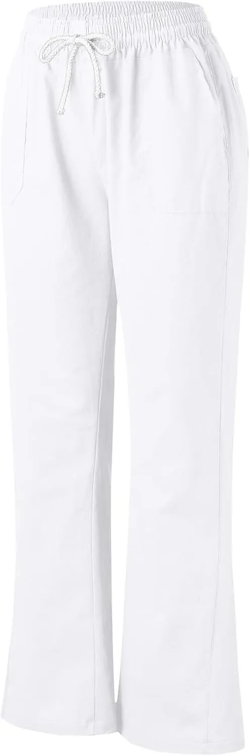 Womens Linen Wide Leg Pants Essentials Womens Linen Business Casual Work Pants with Pockets Pull On Regular Slacks