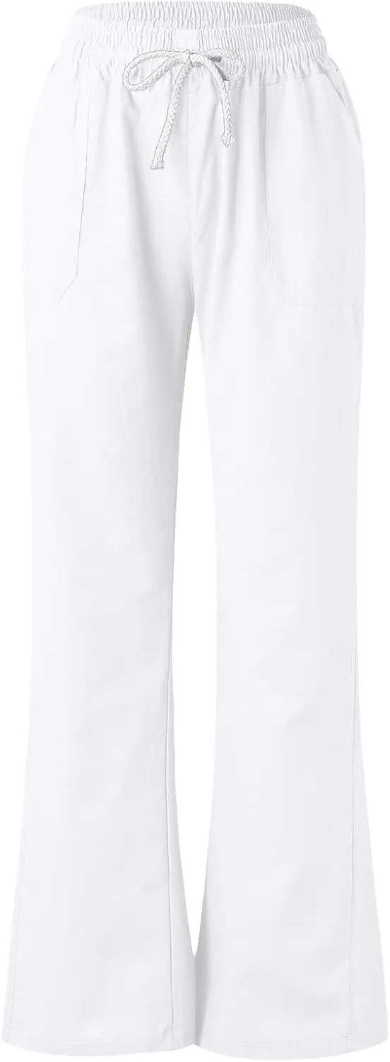 Womens Linen Wide Leg Pants Essentials Womens Linen Business Casual Work Pants with Pockets Pull On Regular Slacks