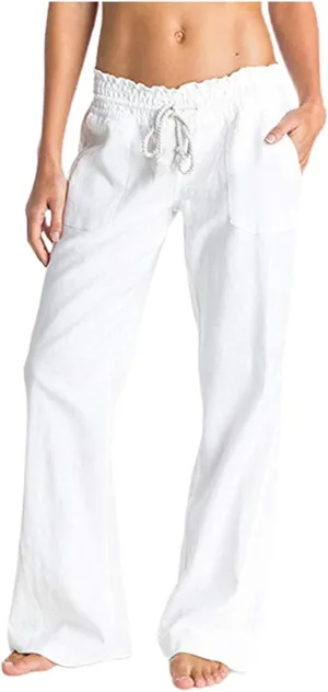 Womens Linen Wide Leg Pants Essentials Womens Linen Business Casual Work Pants with Pockets Pull On Regular Slacks