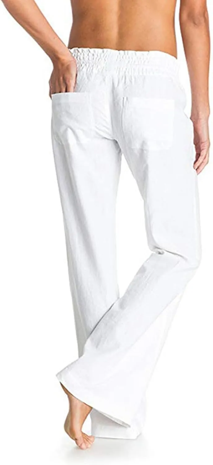 Womens Linen Wide Leg Pants Essentials Womens Linen Business Casual Work Pants with Pockets Pull On Regular Slacks