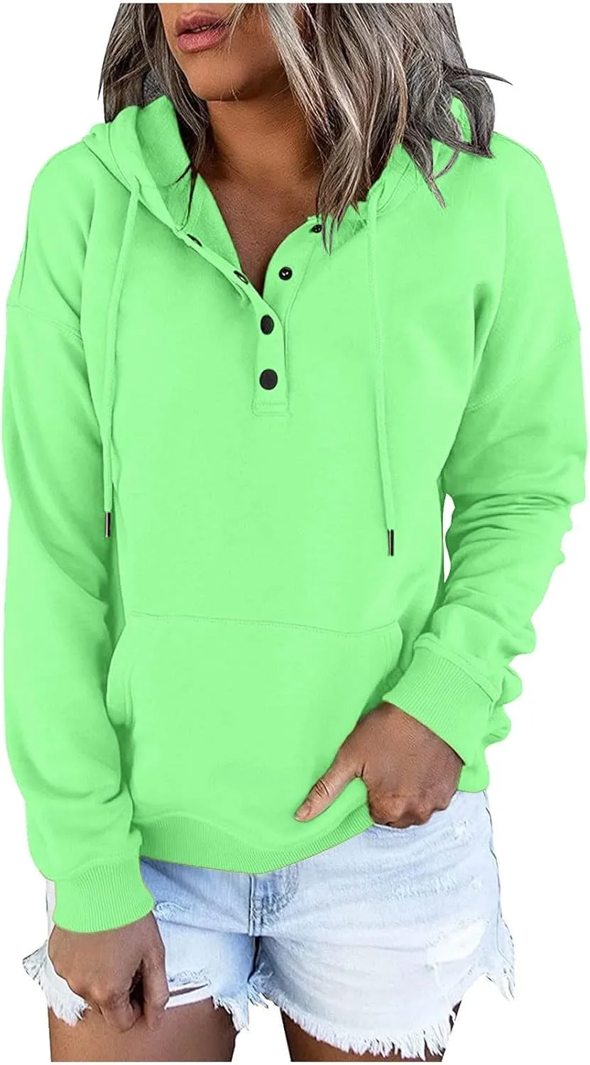 Womens Long Sleeve Button Up Sweatshirt Trendy Solid Color Warm Drawstring Hoodies Going Out Y2K Athletic Casual Top