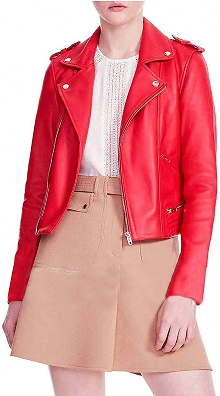 Women's Madelaine Petsch Brando Leather Biker Rider Leather Red Jacket