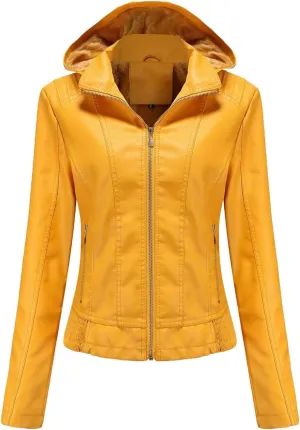 Women's Motorcycle Rider Zip-up jackets Hooded Faux Leather jackets Outerwear Women's Clothing Bodysuit jackets Tops