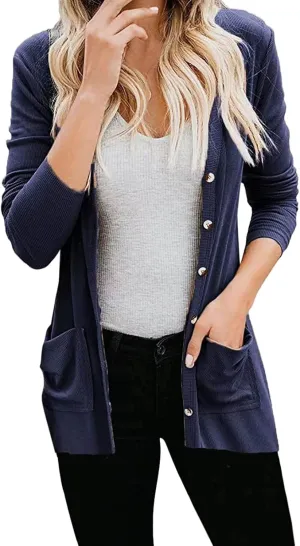 Womens Open Front Knit Sheer Cardigans Front Button Cardigan with Pockets Casual Duster Women's Cardigan Sweater