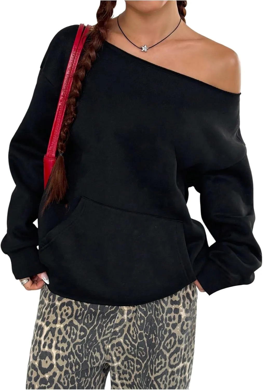 Women's Oversized Off Shoulder Sweatshirts Long Sleeve Basic Thermal Pullover Tops with Pocket