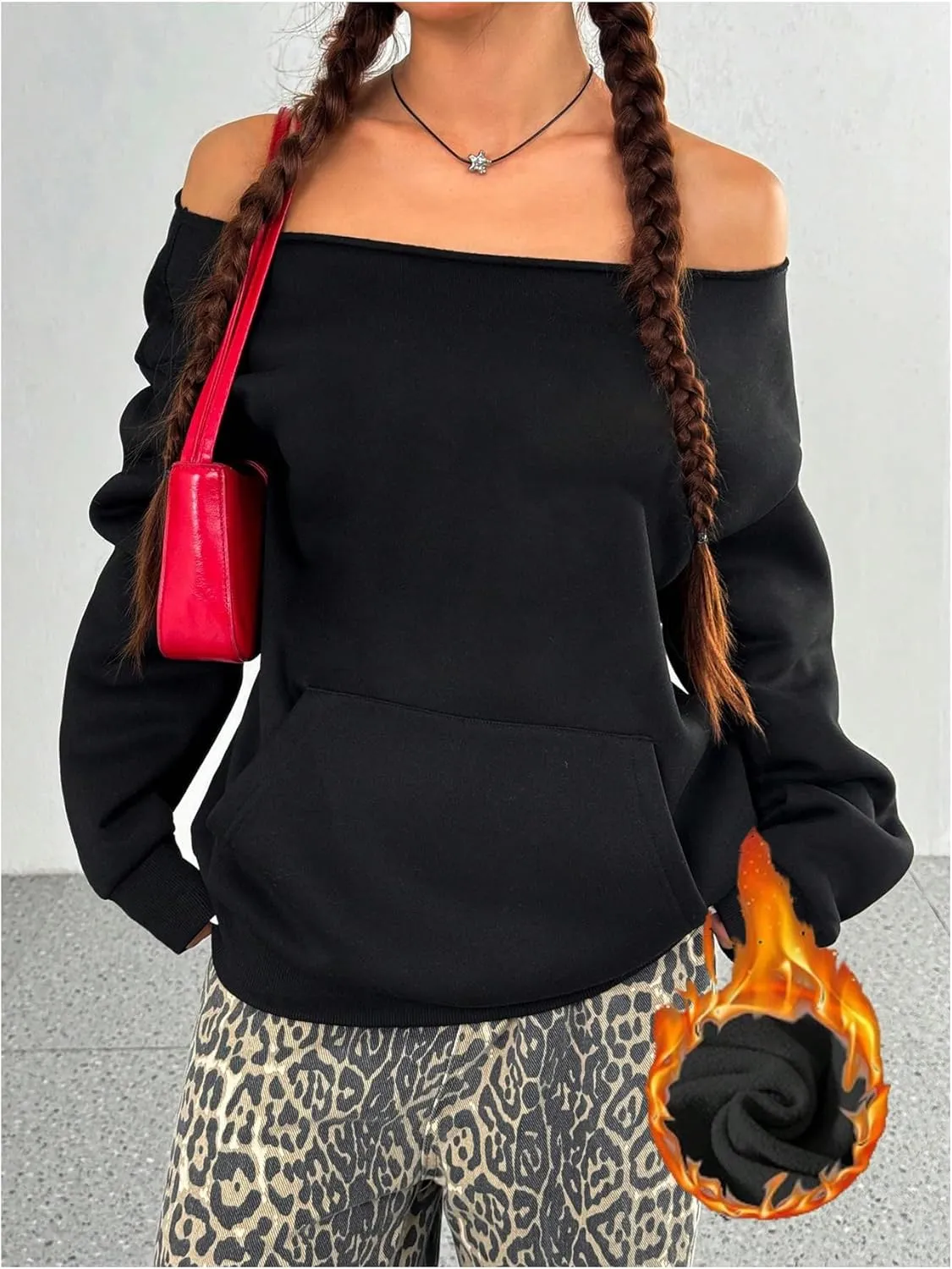 Women's Oversized Off Shoulder Sweatshirts Long Sleeve Basic Thermal Pullover Tops with Pocket