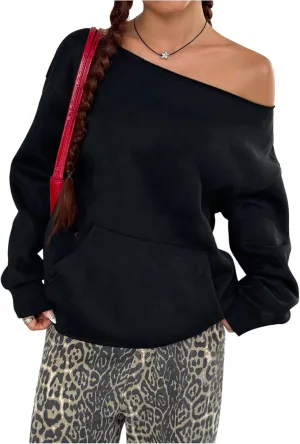 Women's Oversized Off Shoulder Sweatshirts Long Sleeve Basic Thermal Pullover Tops with Pocket