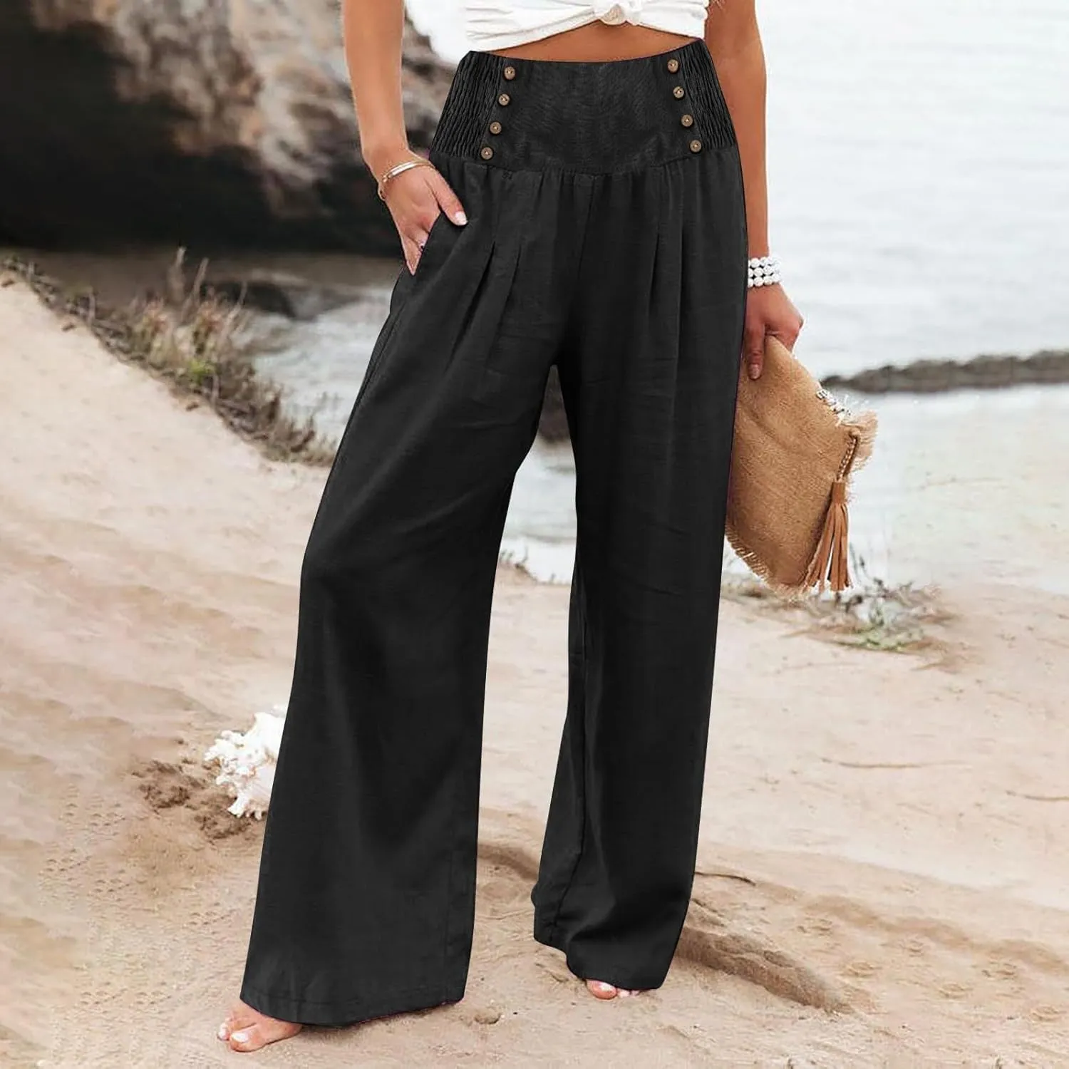Womens Palazzo Pants Dressy Casual 2024 High Waisted Wide Leg Paperbag Lounge Pants Button Decor Flowy Beach Trousers