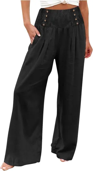 Womens Palazzo Pants Dressy Casual 2024 High Waisted Wide Leg Paperbag Lounge Pants Button Decor Flowy Beach Trousers