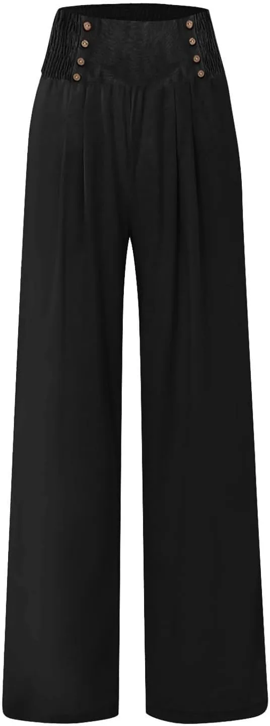 Womens Palazzo Pants Dressy Casual 2024 High Waisted Wide Leg Paperbag Lounge Pants Button Decor Flowy Beach Trousers